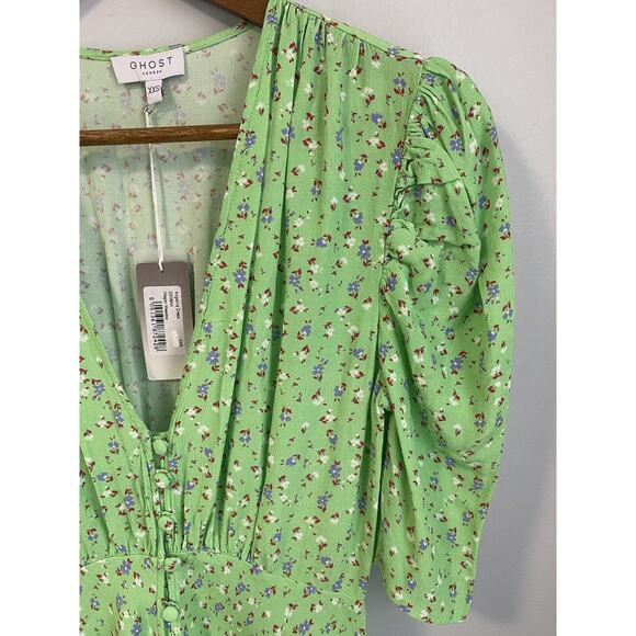 NWT Ghost London Angelina Dress Megan Meadow XXS Green Floral Print Crepe Midi - Picture 7 of 10